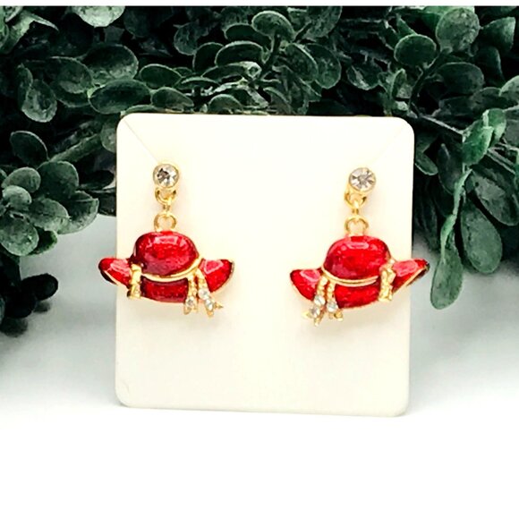 Red Hat Charm Earrings With Rhinestones & Gold Plating - Picture 2 of 4
